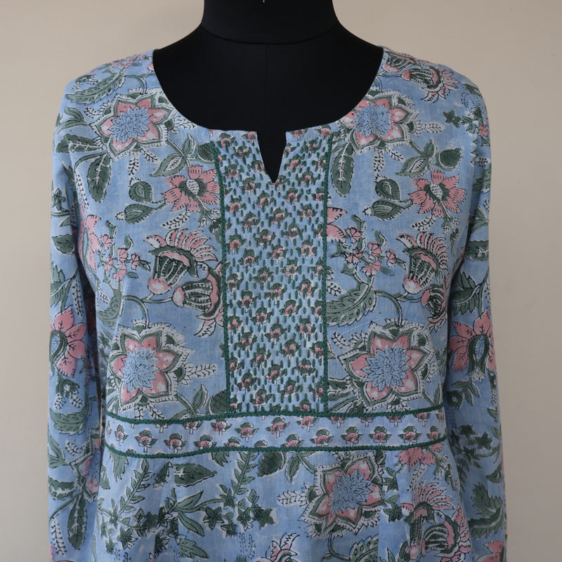 KAAYA Cotton, Jaipuri Block Print with Hand Embroidered Kurta Dress and Pant