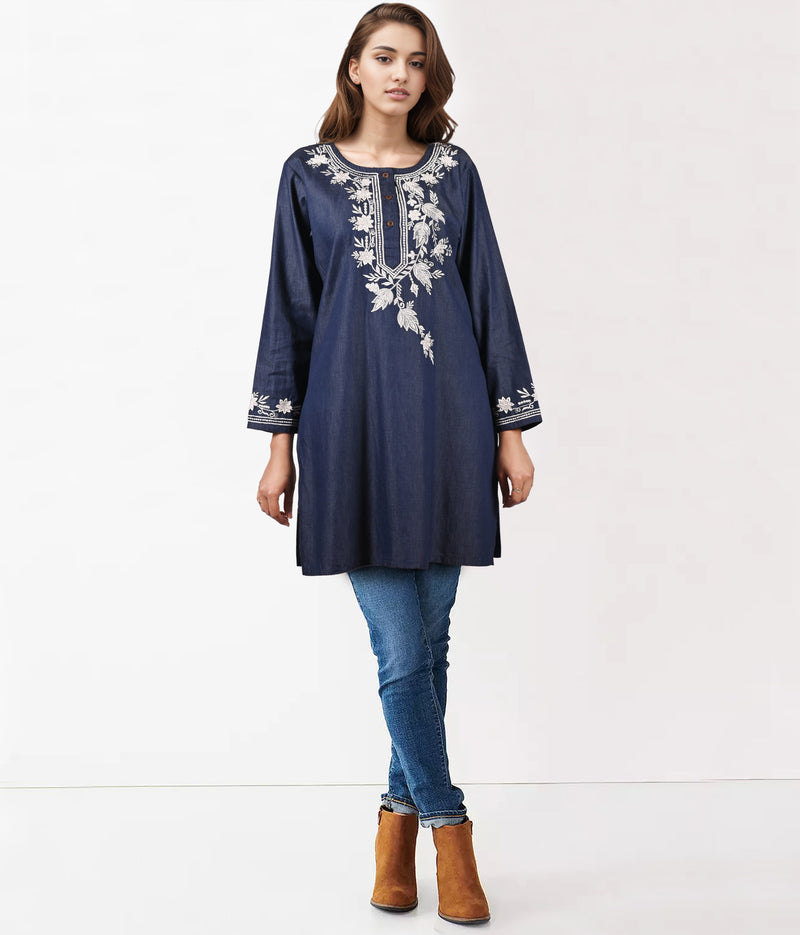 Noika Denim Chambray Cotton Embroidered Tunic Top Shirt; Made to Order/Customizable