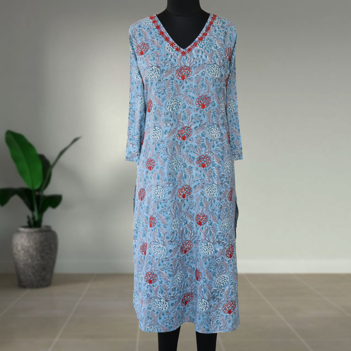 SATYA Pure Cotton, Jaipuri Block Print, Hand Embroidery Kurta with Chitra Pants