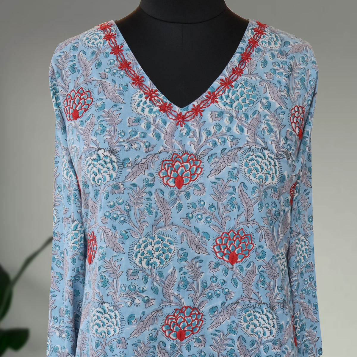 SATYA Pure Cotton, Jaipuri Block Print, Hand Embroidery Kurta with Chitra Pants