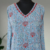 SATYA Pure Cotton, Jaipuri Block Print, Hand Embroidery Kurta with Chitra Pants