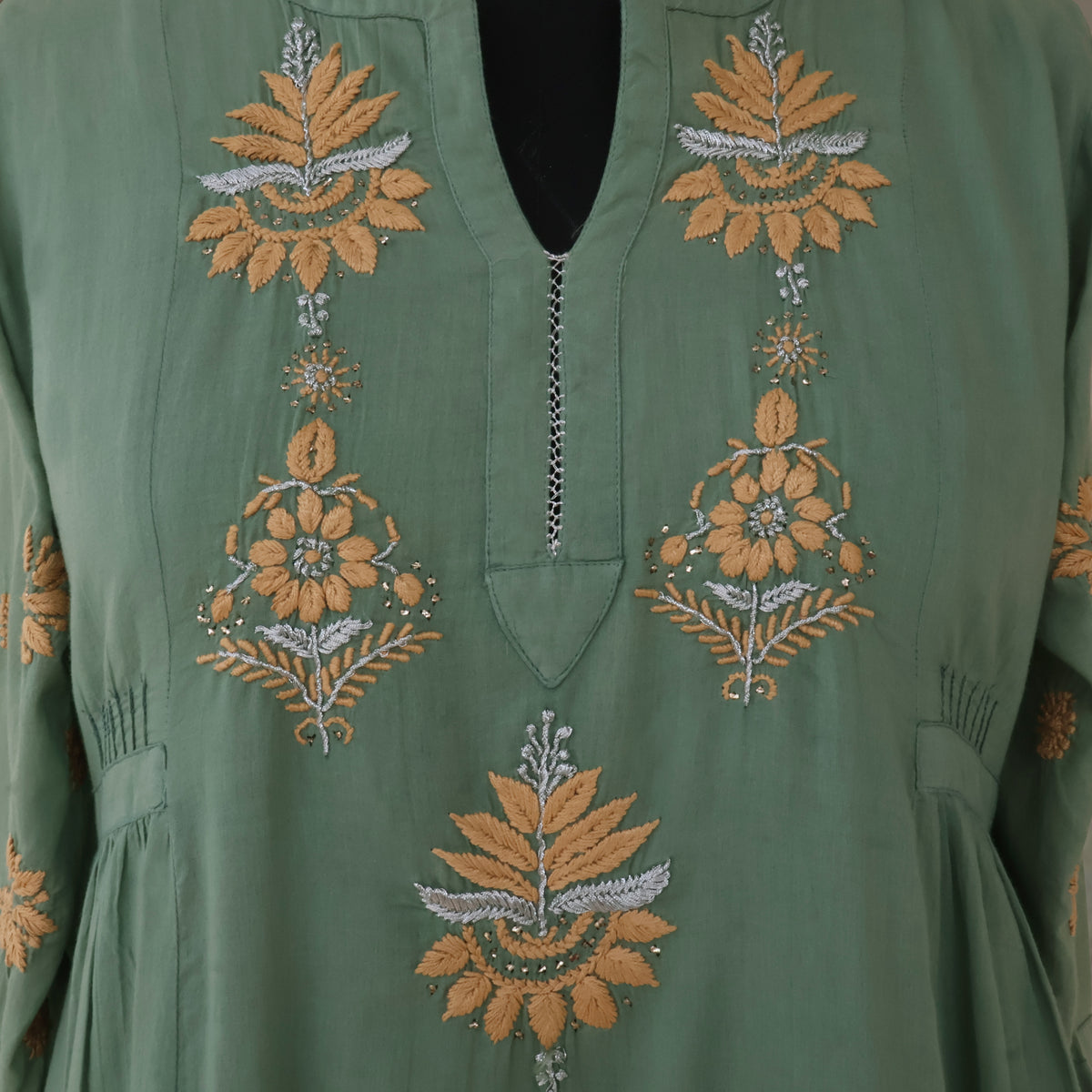 BAANI Cotton Hand Embroidered Long Dress, Kurta: Made to Order/Customizable
