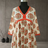 SRISHTI Pure Cotton Block Print, Red Long Dress Kurta