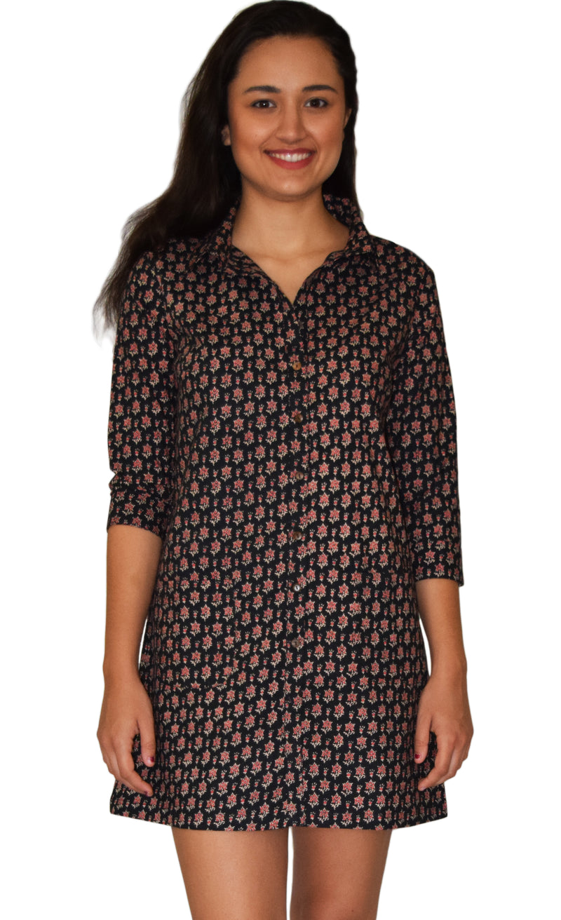 block print shirt dress Hand Block Printed Organic Cotton Shirt Dress: Yellow Floral Boho Tunic