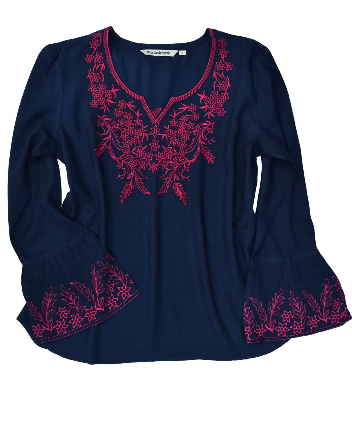 Tia Embroidered Viscose Rayon Blouse with Bell Sleeves