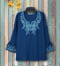 Tia Embroidered Viscose Rayon Blouse with Bell Sleeves