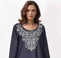 Blake Denim Chambray Cotton Embroidered Tunic Top Shirt; Made to Order/Customizable