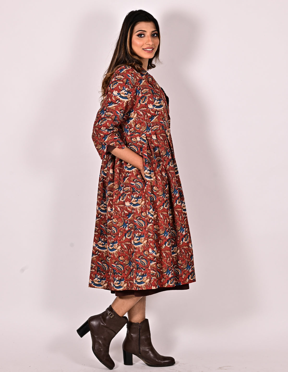 KALI Cotton Block Printed Long Jacket with Cotswool Lining