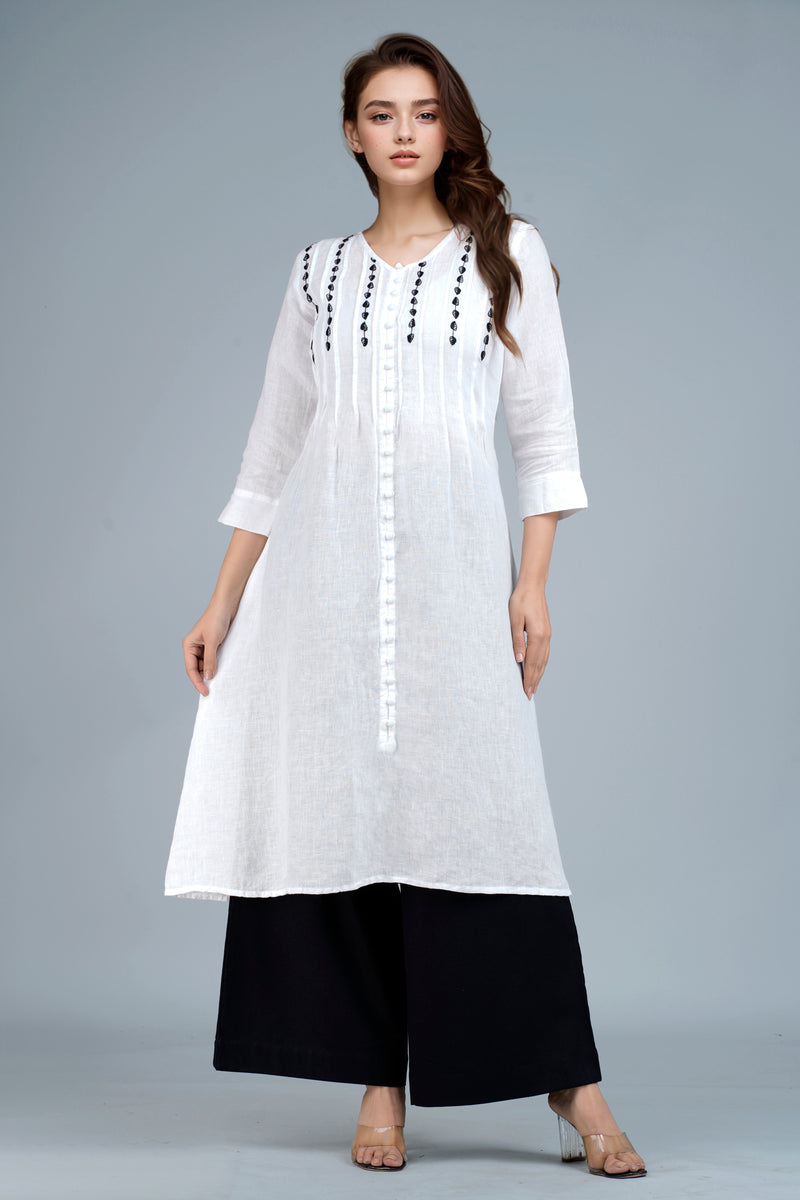 DEVI Linen-Cotton Hand Embroidered Tunic Kurti: Made to Order/Customizable