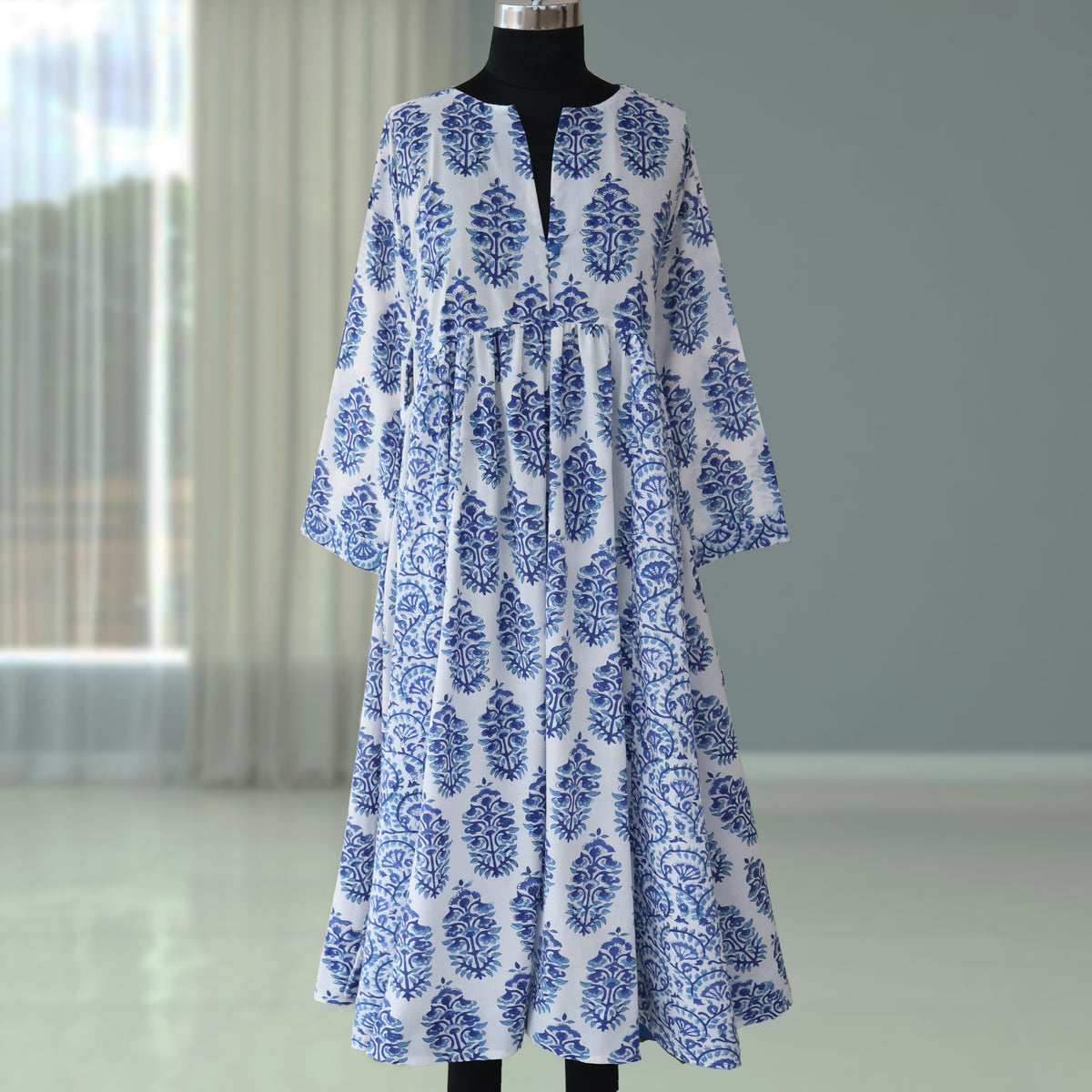 DEVIKA Block Print Pure Cotton Women Long Flared Dress