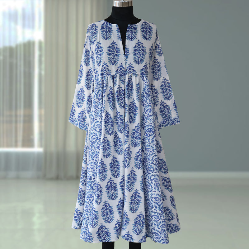 DEVIKA Block Print Pure Cotton Women Long Flared Dress