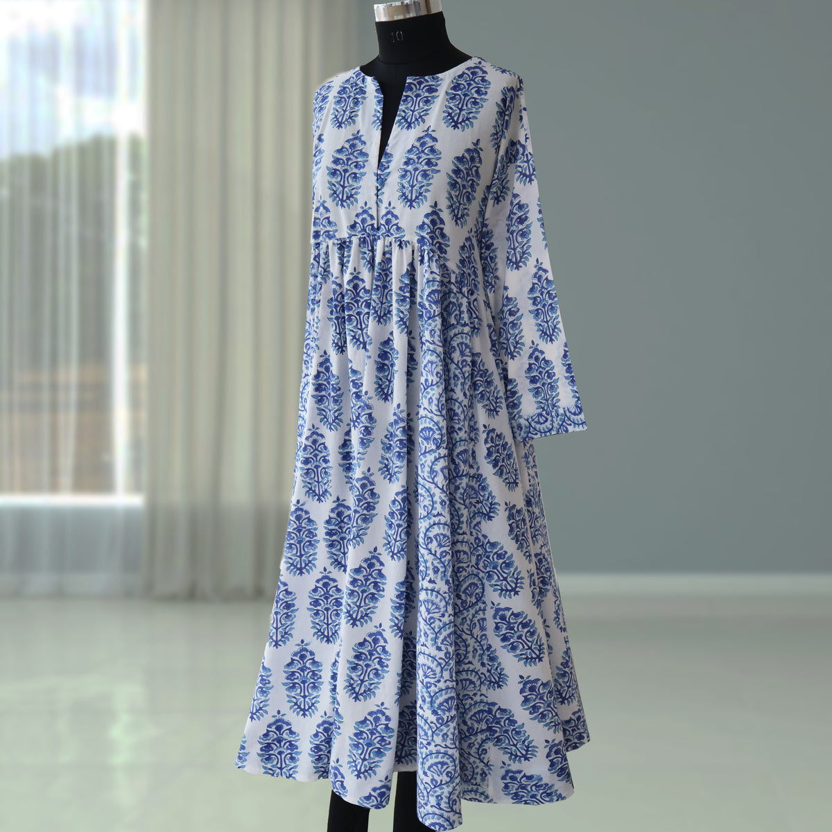 DEVIKA Block Print Pure Cotton Women Long Flared Dress