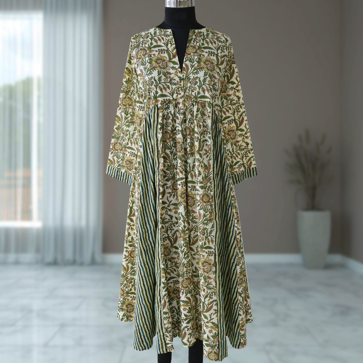 DEVIKA Block Print Pure Cotton Women Long Flared Dress
