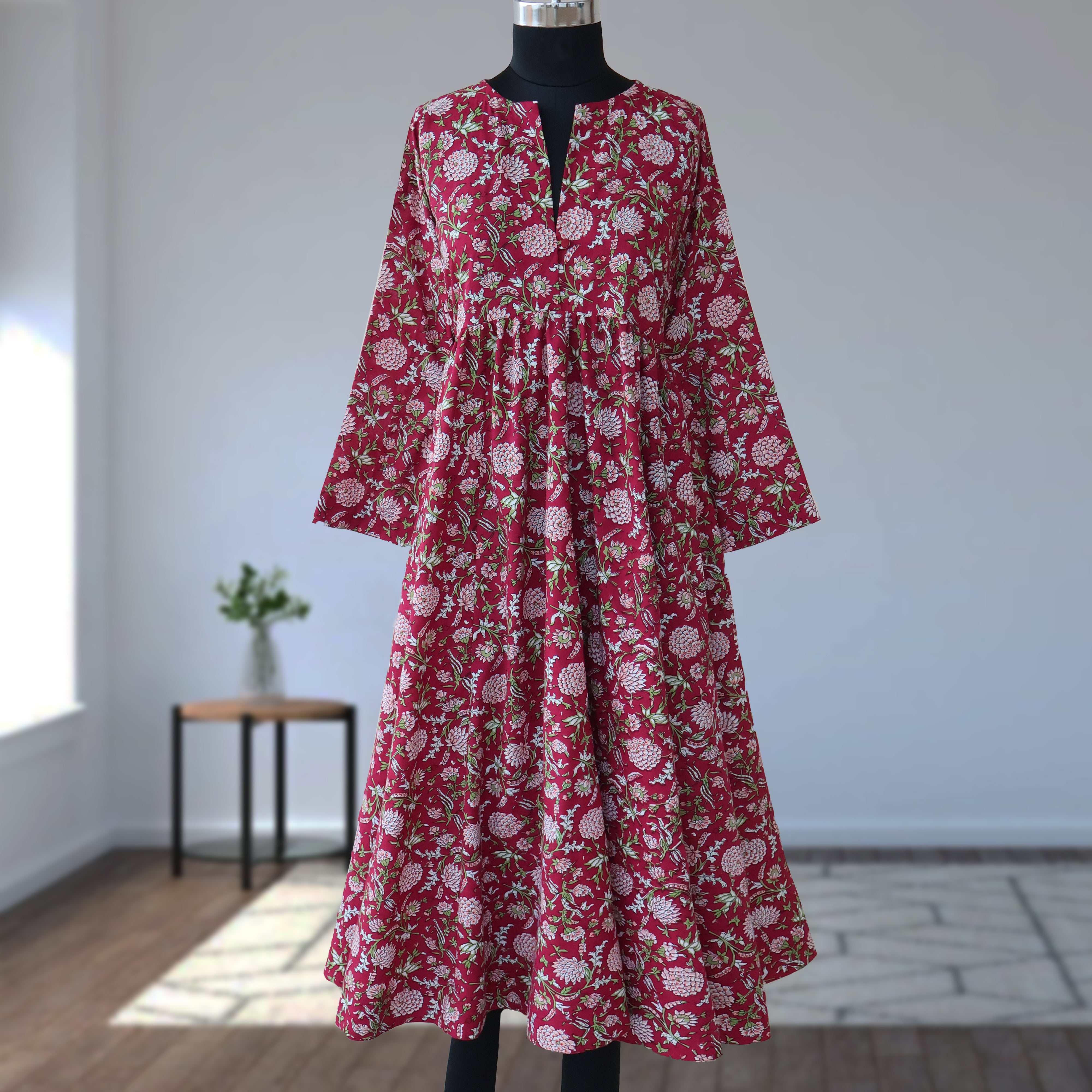DEVIKA Block Print Pure Cotton Women Long Flared Dress – Ayurvastram