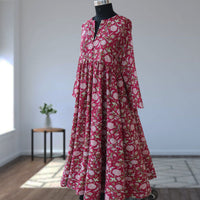 DEVIKA Block Print Pure Cotton Women Long Flared Dress
