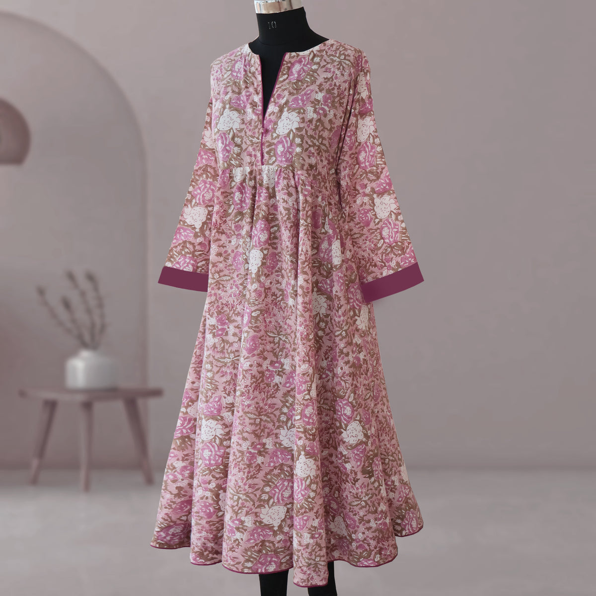 DHANIKA Block Print Pure Cotton Women Long Flared Dress