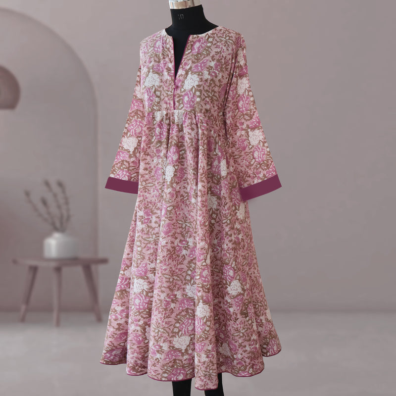 DHANIKA Block Print Pure Cotton Women Long Flared Dress
