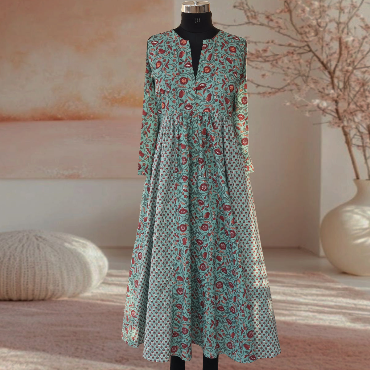 DEVIKA Block Print Pure Cotton Women Long Flared Dress