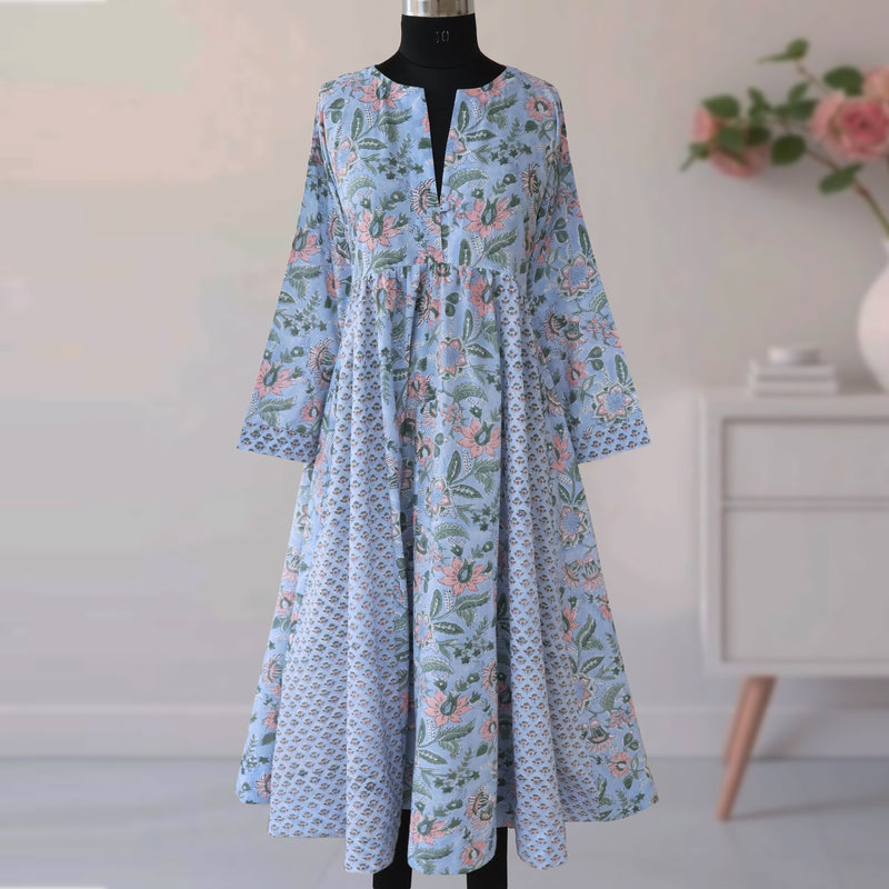 DHANIKA Block Print Pure Cotton Women Long Flared Dress