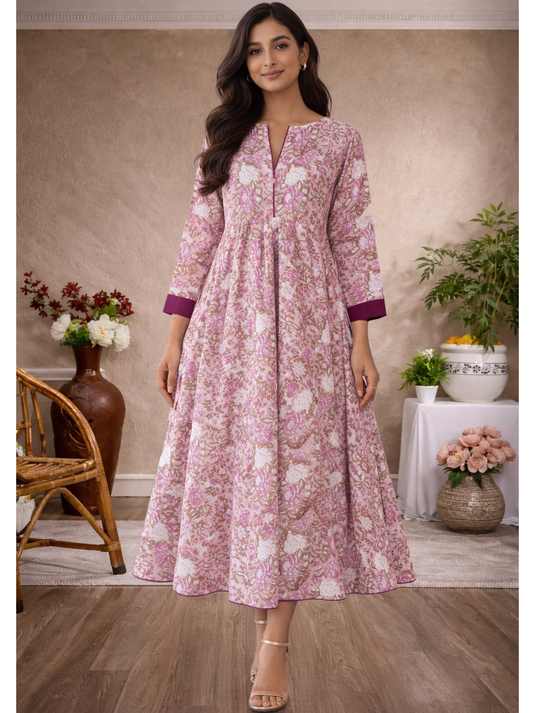 DHANIKA Block Print Pure Cotton Women Long Flared Dress – Ayurvastram