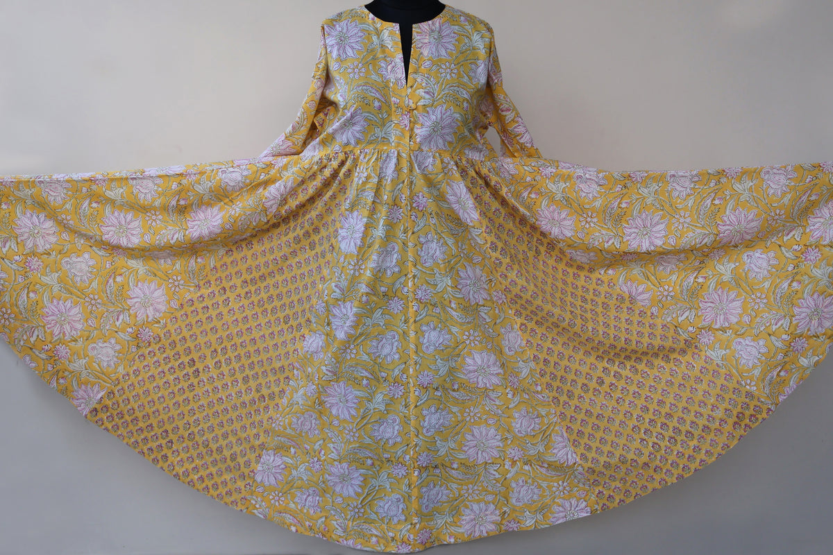 DEVIKA Block Print Pure Cotton Women Long Flared Dress