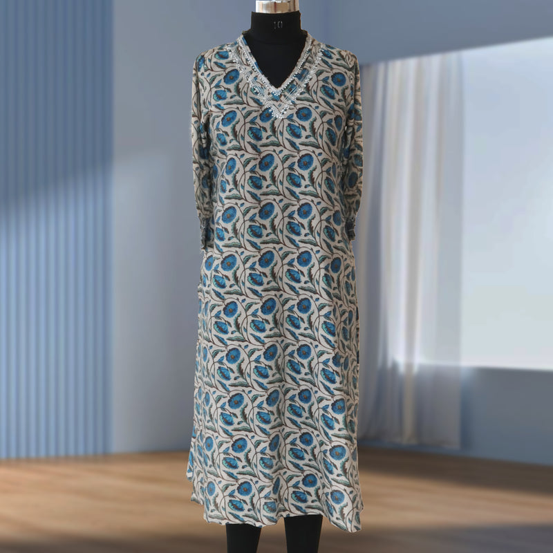 EVONA Chanderi Silk Printed Hand embroidered Tunic Dress