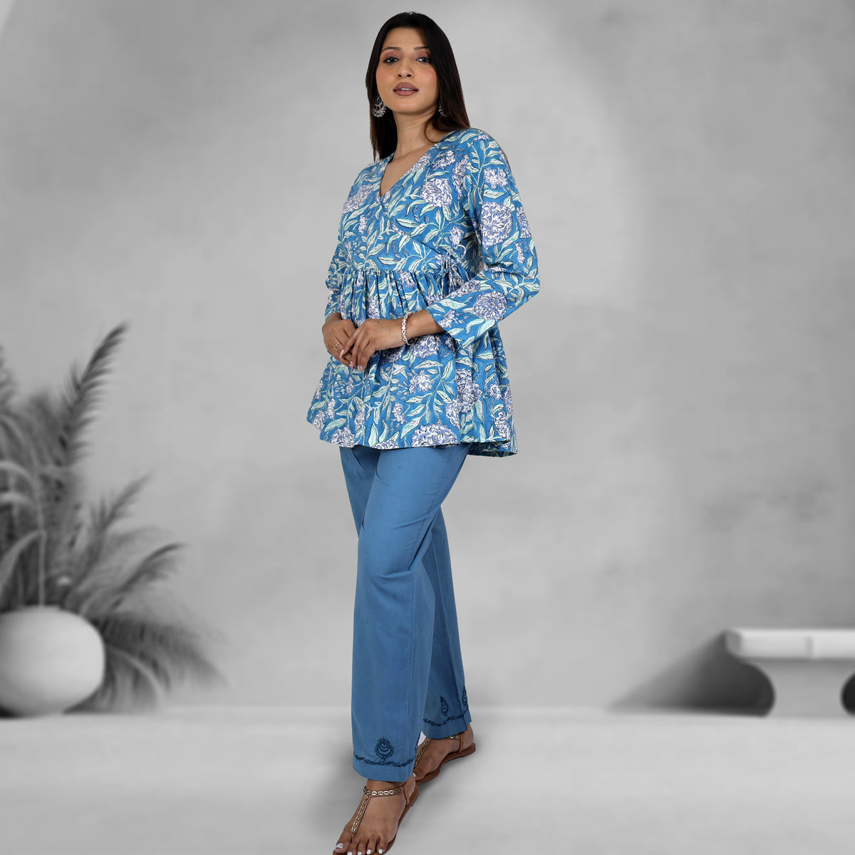 TAANYA Cotton Jaipuri Block Print Angrakha Wrap Top with Side Tie