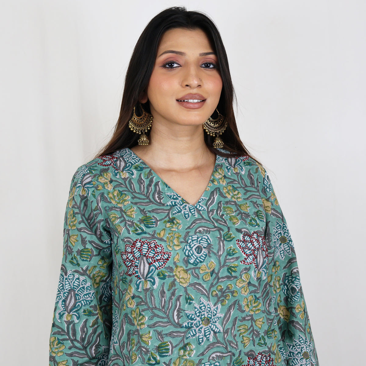 SATYA Pure Cotton, Jaipuri Block Print, Hand Embroidery Kurta with Chitra Pants