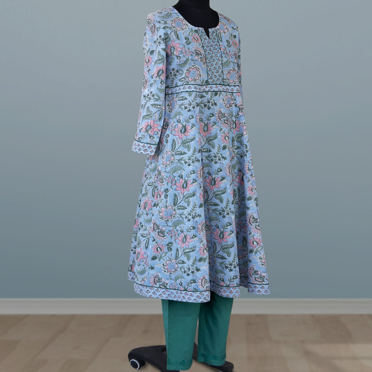 KAAYA Cotton, Jaipuri Block Print with Hand Embroidered Kurta Dress and Pant