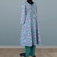 KAAYA Cotton, Jaipuri Block Print with Hand Embroidered Kurta Dress and Pant