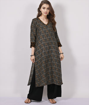 KASI Block Print Style Pure Cotton Hand Embroidered Long Tunic Dress; Made to Order/Customizable