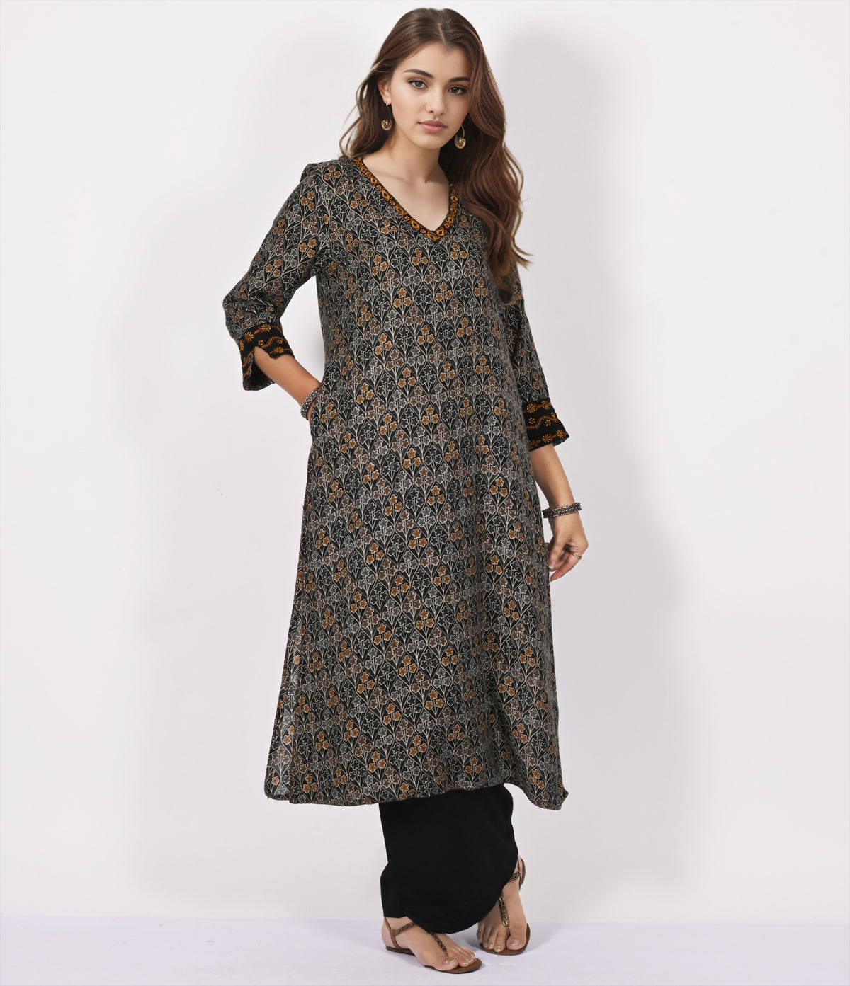 KASI Block Print Style Pure Cotton Hand Embroidered Long Tunic Dress; Made to Order/Customizable