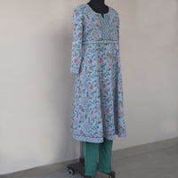 KAAYA Cotton, Jaipuri Block Print with Hand Embroidered Kurta Dress and Pant
