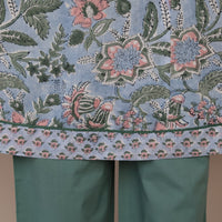 KAAYA Cotton, Jaipuri Block Print with Hand Embroidered Kurta Dress and Pant