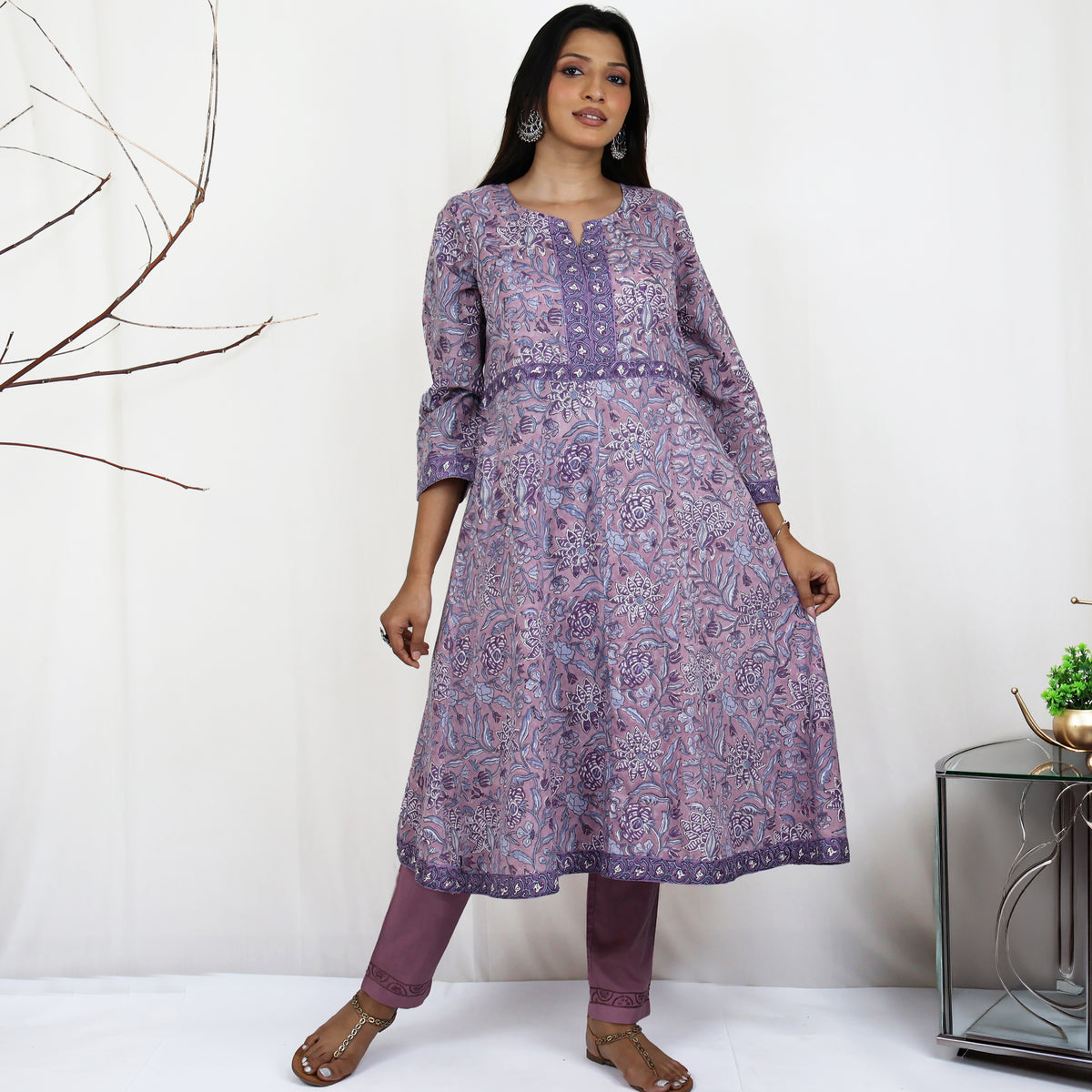 KAAYA Cotton, Jaipuri Block Print with Hand Embroidered Kurta Dress and Pant