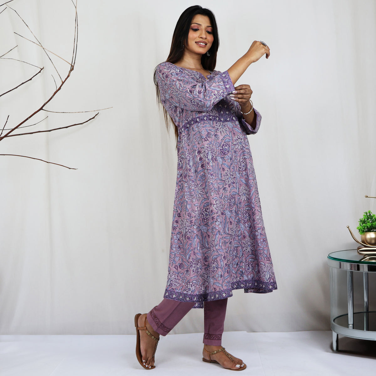 KAAYA Cotton, Jaipuri Block Print with Hand Embroidered Kurta Dress and Pant