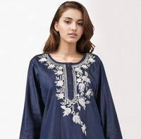 Noika Denim Chambray Cotton Embroidered Tunic Top Shirt; Made to Order/Customizable