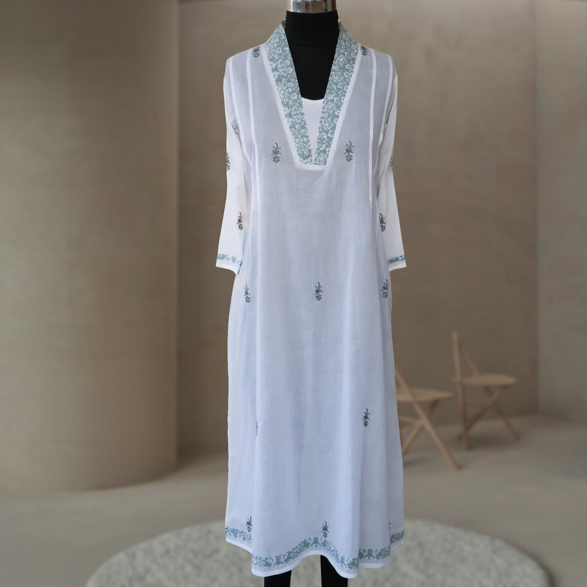 PANKHURI Soft Cotton Block Print, Hand Embroidered Long Tunic Dress