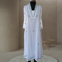 PANKHURI Soft Cotton Block Print, Hand Embroidered Long Tunic Dress