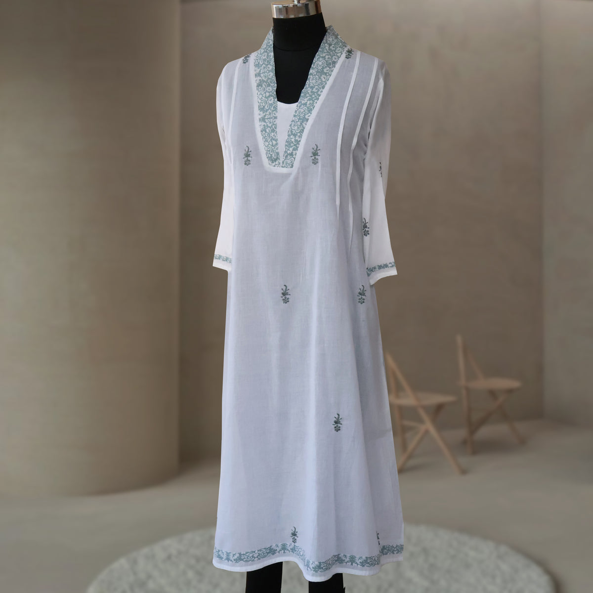 PANKHURI Soft Cotton Block Print, Hand Embroidered Long Tunic Dress