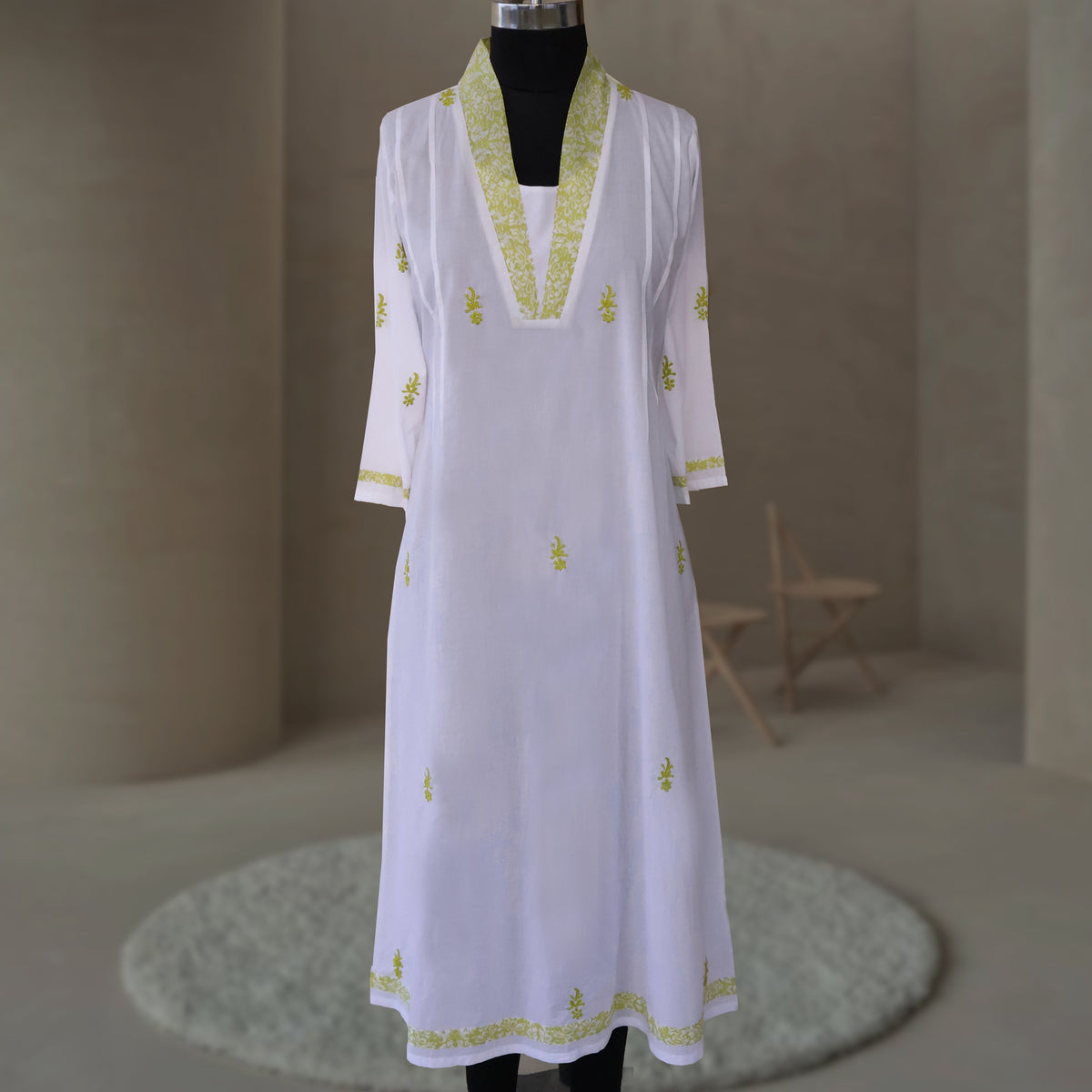 PANKHURI Soft Cotton Block Print, Hand Embroidered Long Tunic Dress