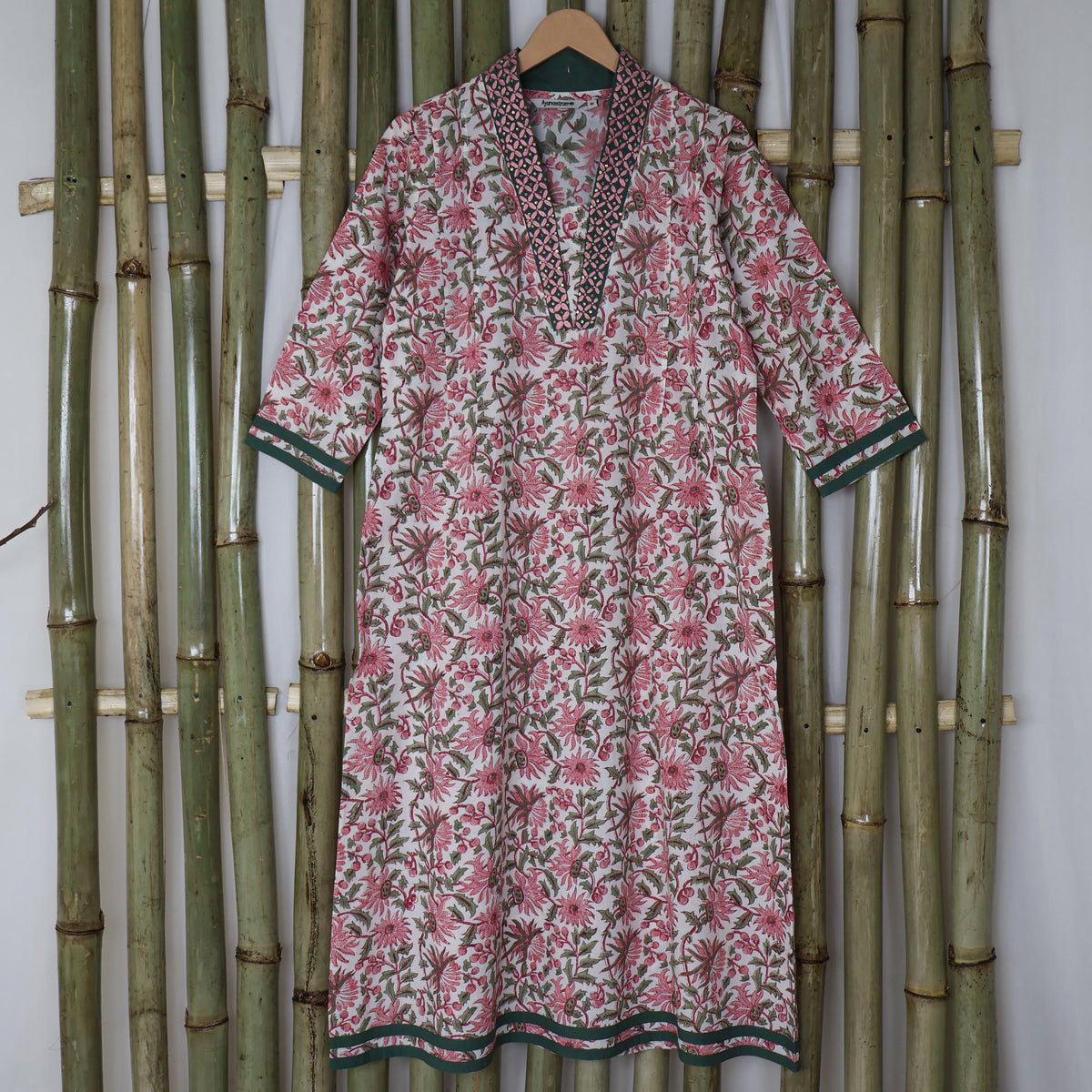 PALLAVI Pure Cotton, Jaipuri Block Print, Hand Embroidered Long Tunic Dress