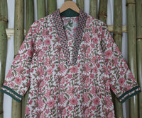 PALLAVI Pure Cotton, Jaipuri Block Print, Hand Embroidered Long Tunic Dress