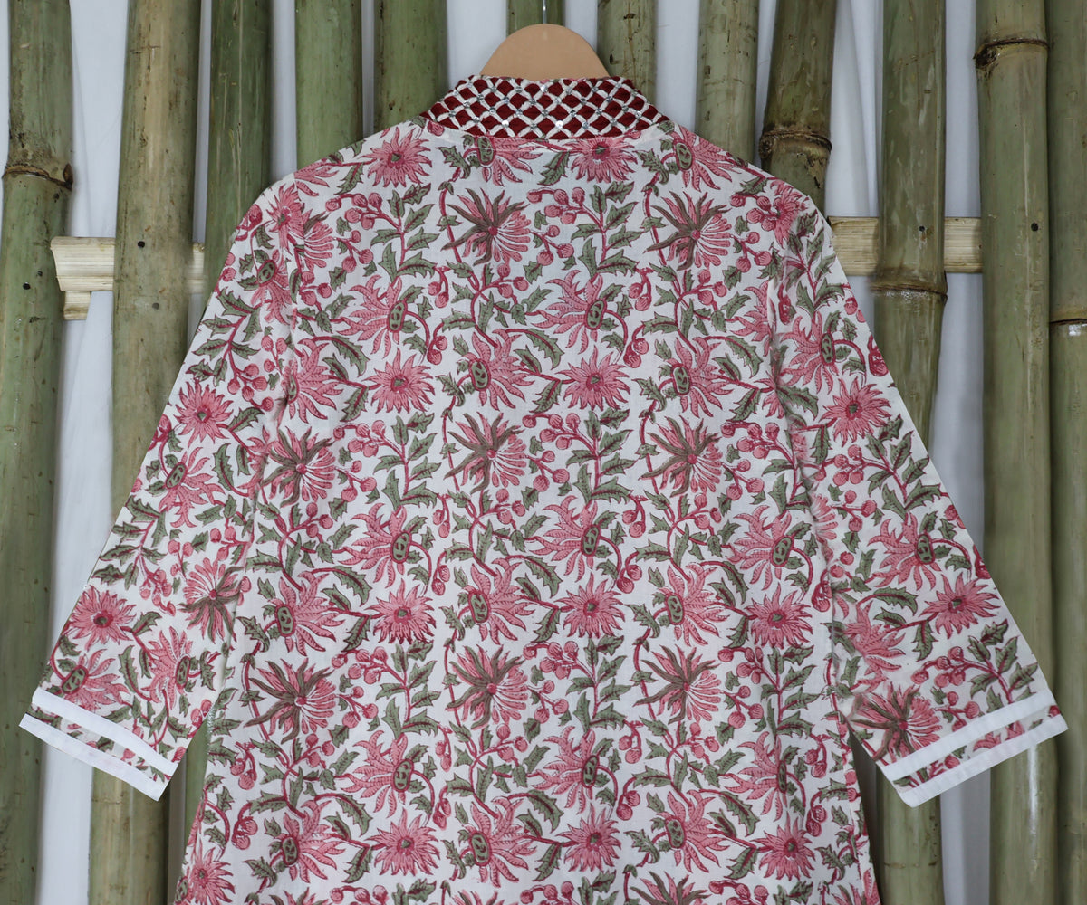 PALLAVI Pure Cotton, Jaipuri Block Print, Hand Embroidered Long Tunic Dress