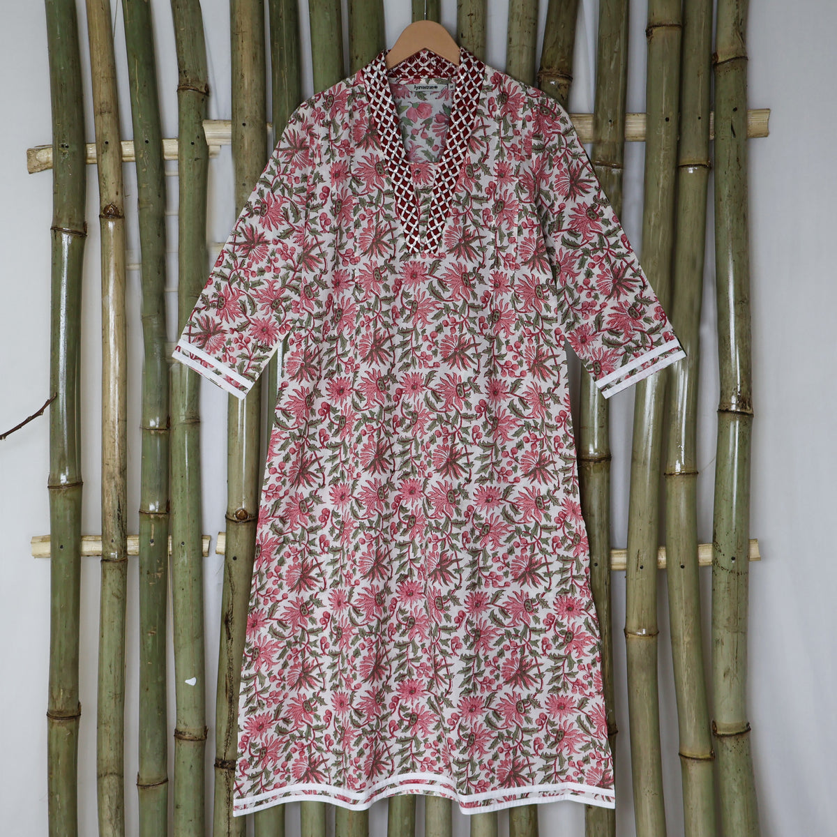 PALLAVI Pure Cotton, Jaipuri Block Print, Hand Embroidered Long Tunic Dress