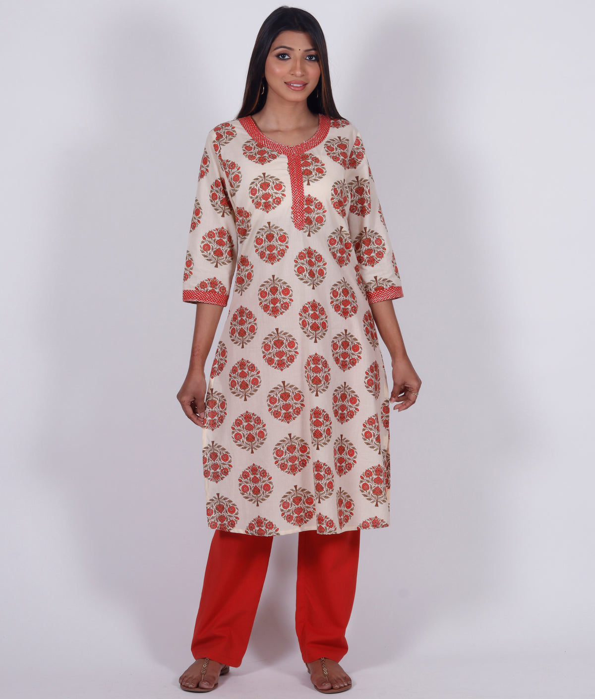 Saheli Block Print Style Hand Embroidered Pure Cotton Kurta Tunic; Made to Order/Customizable