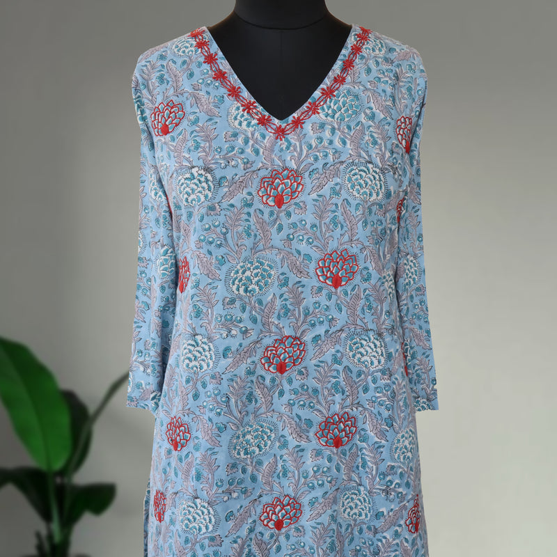 SATYA Pure Cotton, Jaipuri Block Print, Hand Embroidery Kurta with Chitra Pants