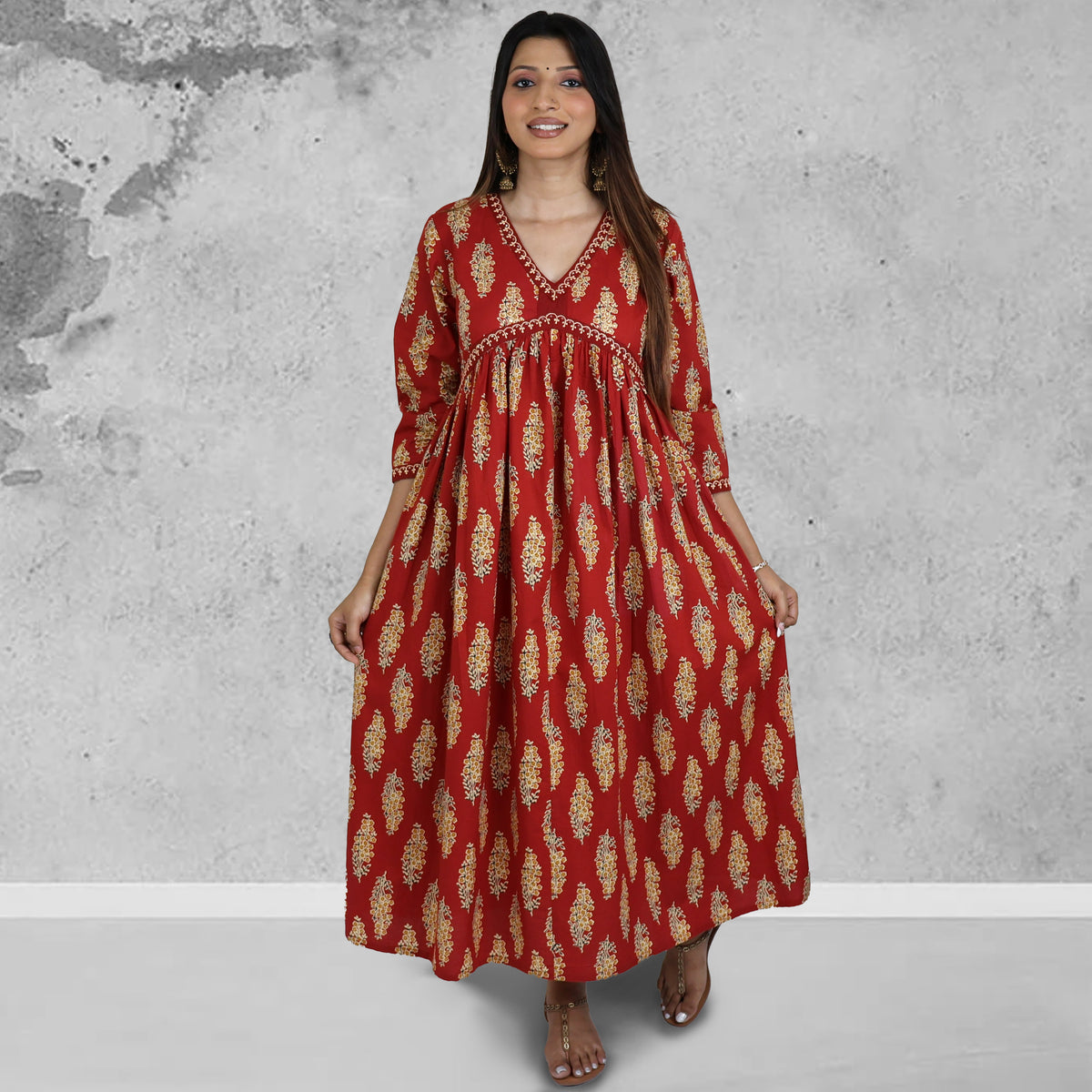 SRISHTI Pure Cotton Block Print, Red Long Dress Kurta