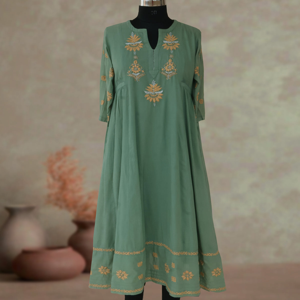 BAANI Cotton Hand Embroidered Long Dress, Kurta: Made to Order/Customizable