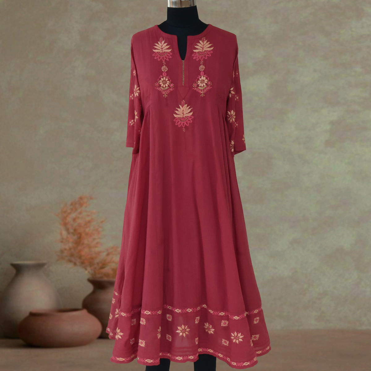 BAANI Cotton Hand Embroidered Long Dress, Kurta: Made to Order/Customizable